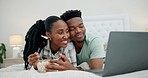 Popcorn, bed and couple on laptop for movie, online streaming and watching film at home. Relax, love and happy African man and woman in bedroom with snack series subscription on computer for bonding