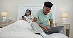 Laptop, phone and happy black couple relax in bed with tech, network connection or search on social media for news or info. People, online and streaming user typing or reading on internet in bedroom