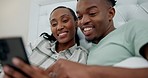 Love, happy and black couple on a phone in bed networking on social media or mobile app together. Smile, bonding and young African man and woman browsing on the internet with cellphone in the bedroom