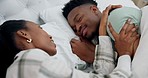 Wake up, relax and black couple sleeping in bed on weekend morning in their modern apartment. Rest, tired and young African man and woman taking a nap and dreaming together in the bedroom at home.