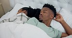 Frustrated black couple, conflict and divorce in bed argument, disagreement or fight at home. Unhappy African man and woman in dispute, ignore or cheating affair and toxic relationship in bedroom