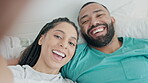 Happy, couple and selfie in bed and portrait with smile for video call, chat or portrait of people together in bedroom in morning. Social media, face or virtual influencer waking up with partner