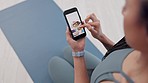 Hands, phone screen and woman for burger, food and scroll for search on floor, yoga or gym. Girl, smartphone and ux with choice, delivery or decision with click for diet, web or discount with fitness
