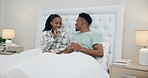 Bedroom, happy and black couple with coffee, love and happiness with romance, home and conversation. Romantic, man and woman with morning tea, bed and relax on a weekend, loving together and care