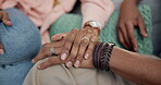Empathy, support and a couple holding hands in solidarity during pain, grief or loss for comfort and care closeup. Love, help or trust with a man and woman at home for healing, kindness or respect