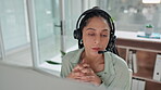 Woman, call center and consulting on headphones in customer service, support or telemarketing at office. Female person, consultant or agent talking in contact us, online advice or help at workplace