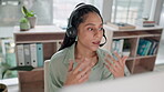 Woman, call center and consulting on headphones in customer support, service or telemarketing at office. Female person, consultant or agent talking in contact us, online advice or help at workplace