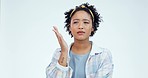 Confused, face and woman in studio thinking, why or decision on white background space. Questions, why and portrait female model with choice emoji, brainstorming and planning problem solving solution