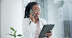 Doctor, woman and smile with tablet, phone call and consulting for telehealth services, advice or help. Happy african medical surgeon talk on smartphone with digital tech, test results or information