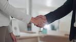 Business people, handshake and meeting in b2b, deal or partnership together in teamwork at the office. Employees shaking hands in greeting, hiring or team collaboration and thank you in agreement