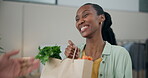 Black woman, paper bag and groceries, delivery and happiness, e commerce with courier person and shipping. Distribution, front door service and food shopping online, retail and supermarket discount 