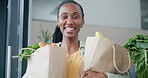 Groceries, smile and face of a black woman at her home to cook lunch, supper or dinner with ingredients. Happy, diet and portrait of a young African person with bags of vegetables for a healthy meal.
