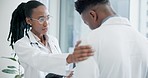 Empathy, healthcare and team of doctors in the hospital with stress, depression or sadness. Professional, support and African female medical worker comforting friend for mistake or crisis in a clinic