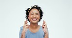 Hope, face and nervous woman with fingers crossed in studio for good luck, feedback and waiting for announcement on white background. Portrait, model and stress with hand emoji for wish of winning 