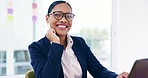 Business woman, face and happy on computer for online Human Resources and job planning in office. Employee, african person or HR worker smile in glasses and working on laptop with career mindset