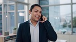 Phone call, happy and business man in office for communication, online chat and funny conversation. Networking, professional and worker talking on smartphone for meeting, discussion and planning