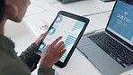 Hands, tablet and woman with seo, analysis and monitor progress with chart, click or data on screen. Person, scroll and digital touchscreen ux for graph, information and innovation with tech at desk