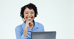 Woman, laptop and face with smile for call center, customer service and FAQ advisory in studio. Portrait of happy agent at computer for CRM support, sales questions and help desk on white background 