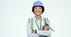 Construction, happy and face of woman in studio with arms crossed, engineering or ideas with radio tools. Portrait, architect and industrial contractor thinking with walkie talkie on white background