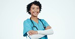 Nurse, arms crossed and happy woman face in studio with mask for covid, safety or hospital compliance. Healthcare, portrait and virus expert with medical, career and pride, happy and smile at clinic
