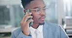 Businessman, phone call and financial advisor in discussion, marketing or proposal at office desk. Black man employee answer mobile smartphone in business conversation, finance or advice at workplace