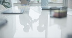 Table reflection, together and talking business people with coffee, conversation and on a break. Working, job and corporate employees with shadow in a desk while speaking with a tea drink at work