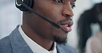 Black man, callcenter and phone call, mouth and mic with communication, CRM and contact us. Customer service consultant talking closeup, lips and help desk, advice with tech support and headset 