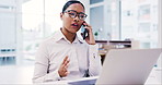 Phone call, laptop and discussion with a business woman at work in her office for networking or communication. Technology, conversation and a young employee talking on her mobile for planning