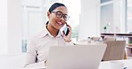 Phone call, laptop and smile with a business woman at work in her office for networking or communication. Technology, hello and conversation with a young employee talking on her mobile for planning