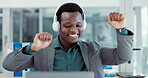 Businessman, celebrate success and laptop with music headphones in office for win. African entrepreneur person streaming or listening to sound with technology for achievement, winning and happy dance