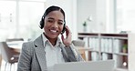 Customer service, telemarketing and woman consultant in the office with an online consultation. Contact us, crm and happy young female call center or sales agent working with headset in the workplace