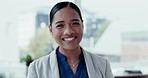 Pride, smile and face of businesswoman in office with confidence, happiness and career. Headshot, professional and portrait of young female lawyer from Mexico with positive attitude in workplace.