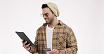 Happy man, tablet and credit card in online shopping, payment or banking against a grey studio background. Male person or shopper with technology in fintech, bank transaction or ecommerce on mockup