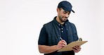 Happy man, writing and clipboard in delivery checklist, information or address against a grey studio background. Male person or courier guy doing inspection check in quality service on mockup space