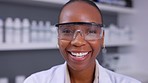 Face, woman and scientist laugh with glasses in laboratory for safety, chemistry research and medical investigation. Portrait, happy african science expert and technician with ppe goggles in Nigeria 