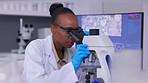 Medical, microscope and science with black woman, research and experiment in a laboratory. Healthcare, medicine and scientist with results, data analysis and expert with a pathology test and sample