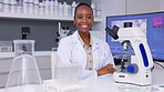 Microscope, science and face of woman in laboratory for research, analysis and study genes, particles and dna. Portrait of happy african scientist at lens to review investigation, test and assessment