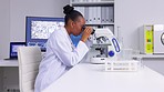 Medical, microscope and data analysis with black woman, research and testing sample in a laboratory. Healthcare, vaccine and scientist with results, bacteria and expert with lab equipment or study