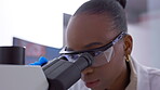 Microscope, research and black woman scientist doing analysis in a lab to test chemistry experiment or bacteria exam. Medical, sample and young professional technician discover medicine cure