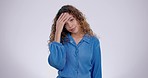 Stress, fail and hand on woman face in studio for mistake, crisis or fake news on grey background. Portrait, frustrated and lady doubt emoji, anxiety and disappointed by wrong, choice or decision 