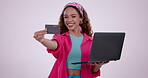 Woman, credit card offer and laptop for online shopping, financial e commerce or loan on white background. Face of african person or gen z with web payment, cashback or computer for banking in studio