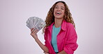 Happy woman, money fan and savings in winning, prize or lottery against a studio background. Portrait of excited female person with cash, loan or salary in happiness for investment, growth or profit