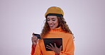 Happy woman, tablet and credit card in online shopping, payment or banking against a studio background. Excited female person or shopper on technology or bank app in ecommerce, buying or purchase
