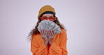 Happy woman, money fan and winning, lottery or prize in gamble against a studio background. Portrait of wealthy female person show cash, loan or salary in happiness for investment, growth or profit