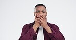 Scared, surprise and face of black man in studio isolated on white background with announcement or horror at news.  Wtf, emoji and portrait of person with panic, fear or anxiety for mistake or crisis