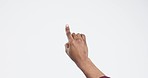 Mockup, hand and finger pointing with person in studio for space, advertising or promotion on white background. Human, gesture and show product placement, review or checklist, presentation or sale