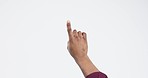 Hand, mock up and finger swipe with person in studio for space, advertising or promotion on white background. Choice, gesture or show product placement, review or checklist, presentation or sale info