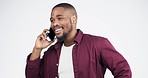 Black man, talking and phone call on isolated white background in studio for communication, conversation and networking. Smile, African person and mobile technology for chat, storytelling or speaking