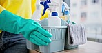 Cleaner, hands and person with basket of chemical cleaning supplies, hygiene and gloves with product to disinfect. Hospitality, housekeeping with service and janitor, house work and detergent