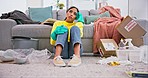 Cleaning, frustrated and woman in living room with problem and tired from messy home of cleaner. Burnout, fatigue and female person with spray, brush and washing task fail and bored in a house